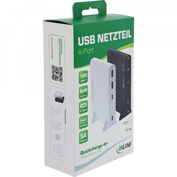 InLine Alimentatore USB - GaN - 4 porte - 2x USB-C + 2x USB-A - 120W - nero