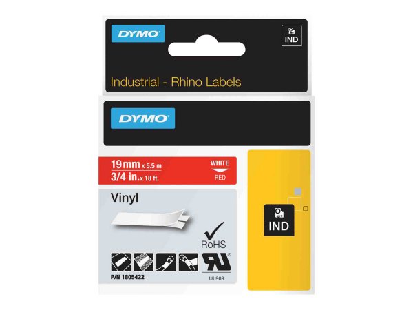 Dymo Rhino Etichette in vinile industriale | 19 mm x 5,5 m | Stampa bianca su rosso | Autoadesive |