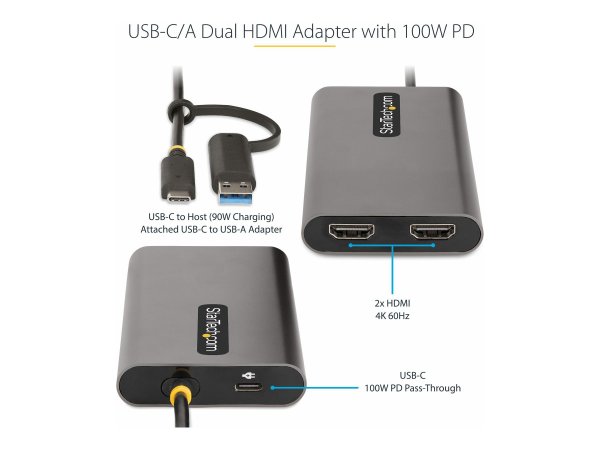 StarTech.com Adattatore da USB-C a HDMI - Convertitore da USB tipo C o A a 2x HDMI per laptop - 4K 6