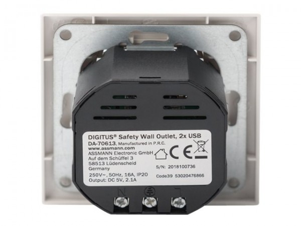 DIGITUS Presa con 2 porte USB - 2x USB - Bianco - 250 V - 50 Hz - 5 V - 2,1 A