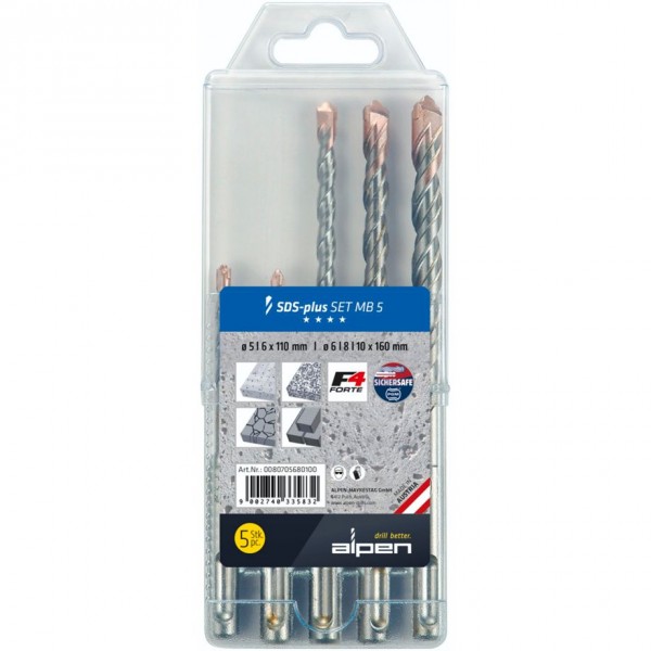 ALPEN-MAYKESTAG 0080705680100 Stahl Beton-Spiralbohrer-Set 5 mm 6 8 10 mm SDS-Plus 1