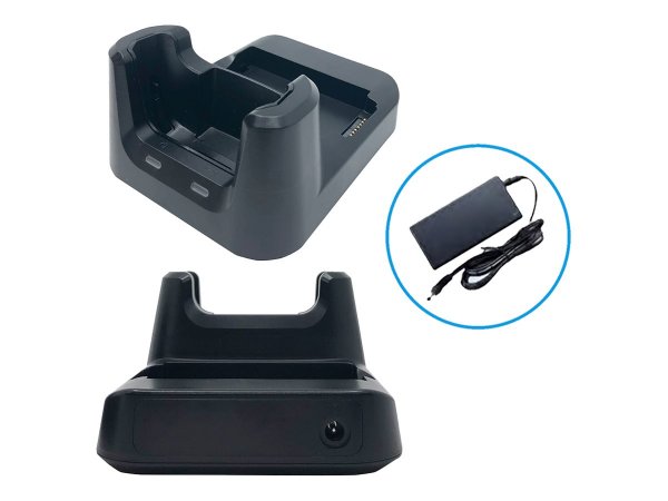 Unitech HT330 1-slot charging cradle with spare battery slot. Comes Power