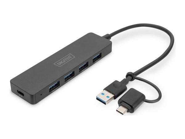 DIGITUS Hub USB 3.0 - 4 porte - Slim Line - USB 3.2 Gen 1 (3.1 Gen 1) Type-A + Type-C - USB 3.2 Gen
