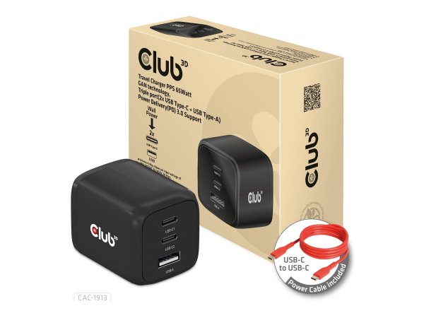 Club 3D Travel Charger PPS 65Watt GAN technology - Triple port (2x USB Type-C + USB Type-A) Power De