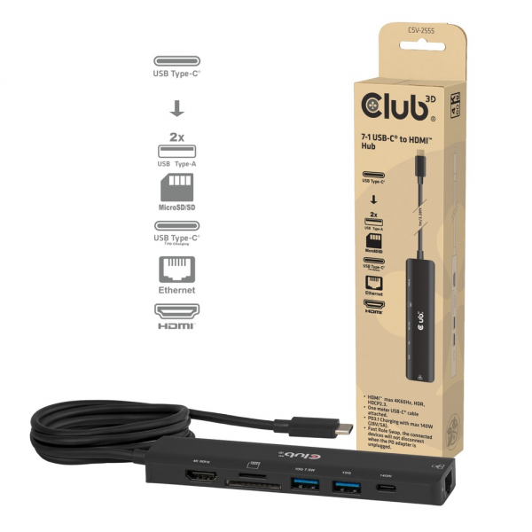 Club 3D 7-1 USB-C to HDMI Hub 4K60Hz PD3.1 140W 1m/3.28ft - Corsa - 1 Gbps
