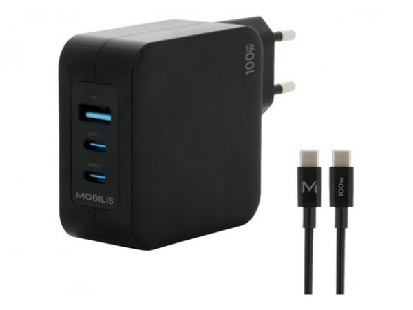 Mobilis Wall Charger - 100 W - 2 USB C+ 1 a GaN+ cable - 2m - 100W