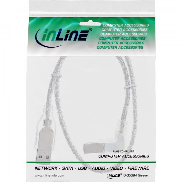 InLine Cavo USB 2.0 A maschio / B maschio - trasparente - Angolato Destra - 3m