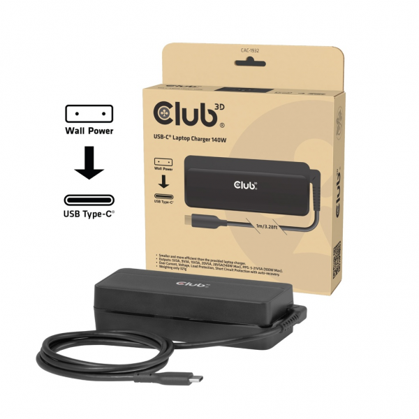 Club 3D USB-C Laptop-GaN-Ladegerät PD 3.1 PPS 140 W 1 m