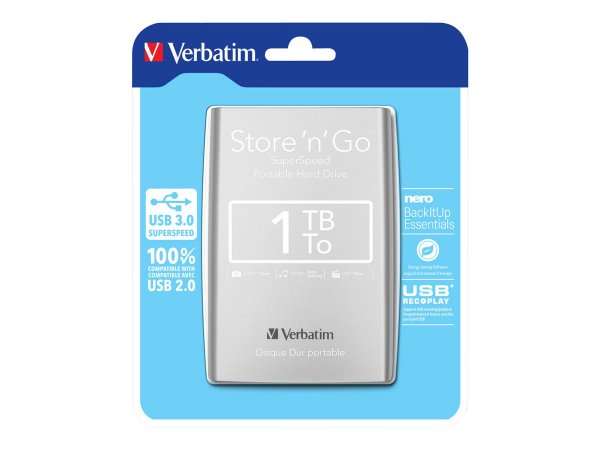Verbatim Disco rigido portatile Store 'n' Go USB 3.0 da 1 TB Argento - 1 TB - 2.5" - 3.2 Gen 1 (3.1