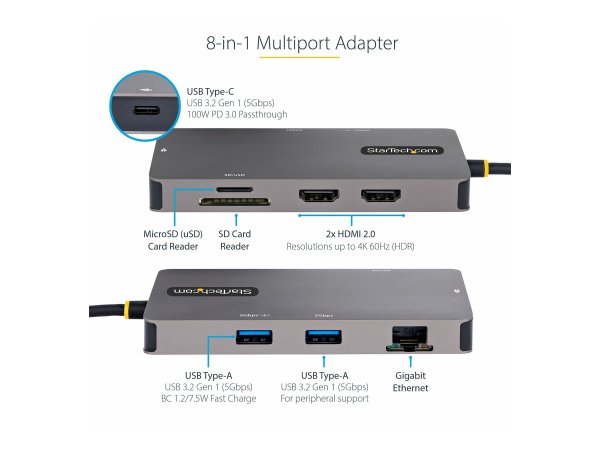 StarTech.com Adattatore USB C Multiporta - Doppio HDMI 4K 60Hz - Hub USB A 5Gbps a 2 porte - 100W Po