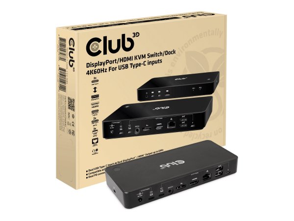 Club 3D Kvm Switch 4K60Hz 2x Usb-C> Hdmi/DP/3xUSB/2xUSB-C/LAN retail - Kvm-Umschalter - Usb - Kvm sw