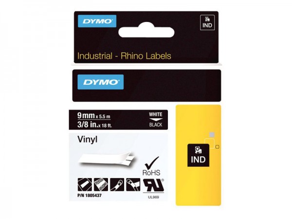 Dymo Rhino Etichette in vinile industriali | 9 mm x 5,5 m | Stampa bianca su nero | Autoadesive | pe